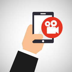 hand holding smartphone and film camera vintage vector illustration eps 10