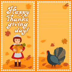 Happy thanksgiving day card with child leafs and congratulation lettering. Vector illustration family holiday. Girl turkey apples.