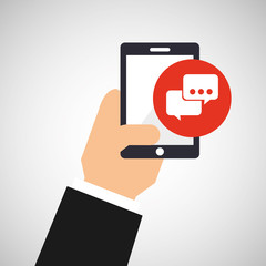 hand holding smartphone and bubble chat vector illustration eps 10