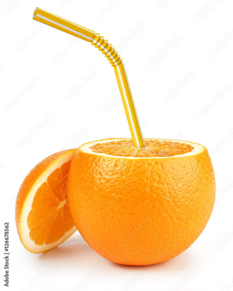 Wall mural drinking straw inside an orange on white