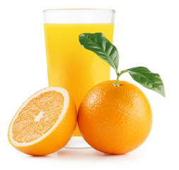 orange juice and oranges on white background