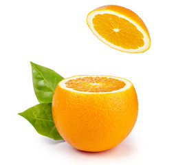cut orange and hanging slice isolated on white