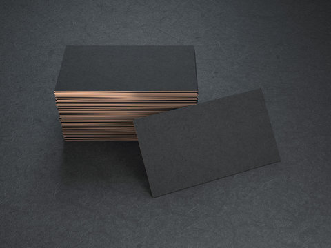 Black and gold blank business cards mockup on black background, 3d rendering