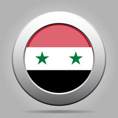 Flag of Syria. Shiny metal gray round button.