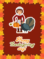 Girl turkey pumpkin. Happy thanksgiving day card with child leafs and congratulation lettering. Vector illustration family holiday.