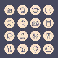 kitchen line icons set, utensils, tableware, tools, cookware, pan, kettle, knives, cooking related objects
