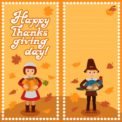 Fototapeta premium Thanksgiving day card with congratulations children pumpkin and turkey vector illustration. Boy girl in traditional clothes template for print place your text.