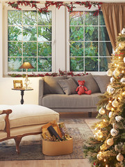 Christmas tree with gifts in living room