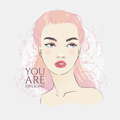 Beautiful girl with pink long hair, hand drawn line vector fashion illustration.