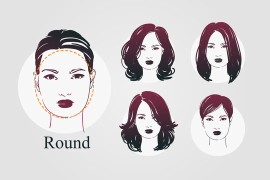 Vector set beautiful women icon portraits with differnt haircut and round type faces. Hand drawn illustration.