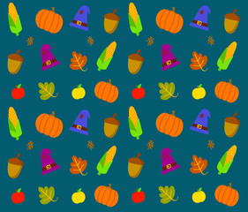 Thanksgiving Day. Blue, green, illustration. Food and beverages, vegetables, fruit.