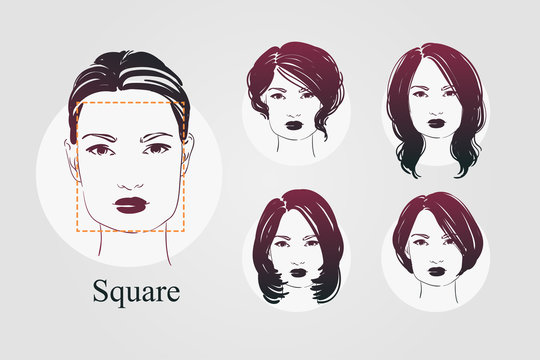 Vector set beautiful women icon portraits with differnt haircut and square type faces. Hand drawn illustration.