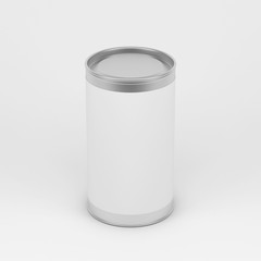 Metal tin Can with paper label, Aluminum cylindrical box packaging, 3d rendering
