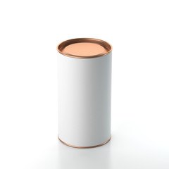 White cardboard Tin can packaging Mockup with metal copper lid. Tea, coffee, dry products, gift box. 3d rendering