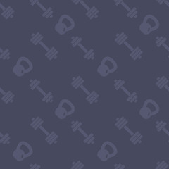 seamless pattern with fitness icons, dumbbells and kettlebell, dark background, vector illustration