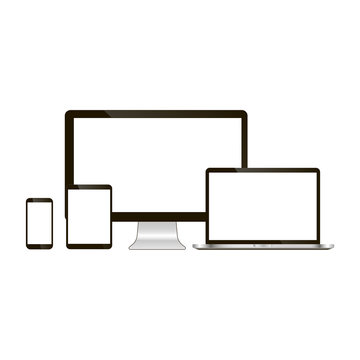 Set of realistic computer monitor, laptop, tablet and mobile phone. Electronic gadgets isolated on white background.