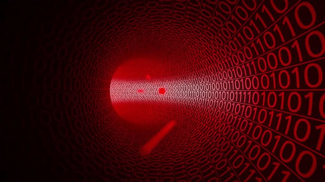 Flight through abstract red tunnel made with zeros and ones