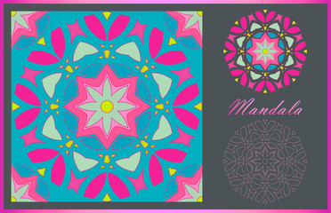 Two mandalas and seamless pattern with it in beautiful colors. Vector collection for your design