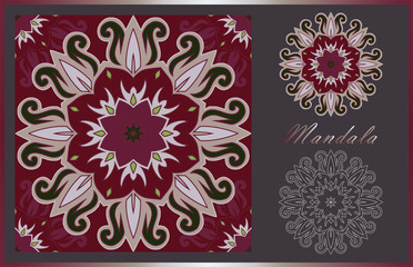 Two mandalas and seamless pattern with it in beautiful colors. Vector collection for your design