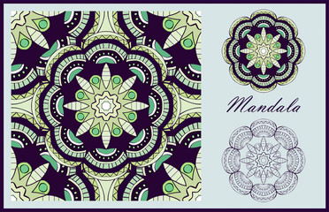 Two mandalas and seamless pattern with it in beautiful colors. Vector collection for your design