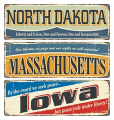 Vintage tin sign collection with USA state. North Dakota. Massachusetts. Iowa. Retro souvenirs or old postcard templates on rust background.