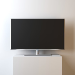 Flat Smart TV Mockup with blank screen on stand, realistic Led TV, 3d rendering