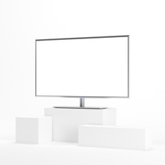Smart TV with white screen Mockup on white cubes, realistic Tv on modern beckground, 3d rendering