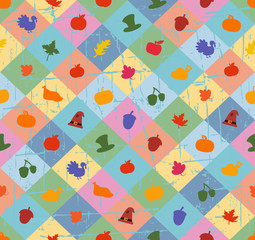 Thanksgiving Day. Green, yellow, pink, orange. Saturated. Seamless illustration. Squares. Food and beverages, vegetables, fruit.