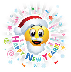 Happy New Year greeting card. Smiley celebrating. Smiley being cheerful and having fun at the party. High quality vector illustration.