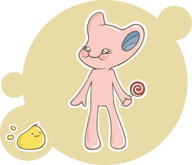 Cute cartoon pink monster with lollipop and yellow pet. Vector illustration