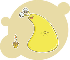 Cute cartoon yellow monster with birthday cupcake. Vector illustration