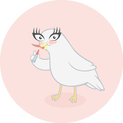 Cute cartoon bird preparing for the party and applying her makeup. Vector illustration