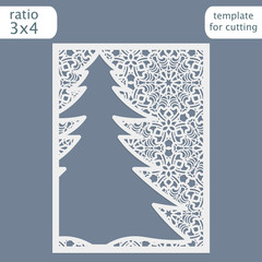 Laser cut christmas invitation card template. Cut out the paper card with lace pattern.  Greeting card template for cutting plotter. Congratulation to Christmas or New Year.  Metal plate cut by laser.