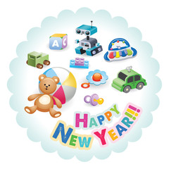 Fototapeta na wymiar Happy New Year greeting card. A variety of children's toys. Set of different toys for children. Vector illustration.