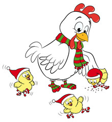 Niedliches Huhn mit Küken in Winterkleidung