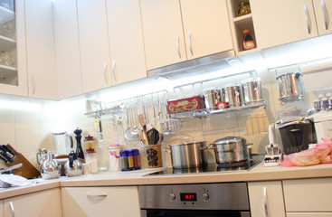 Modern kitchen interior  with lightning and equipment