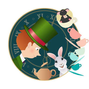 Alice in Wonderland. Mad tea party. Hatter, Dormouse, White Rabbit.