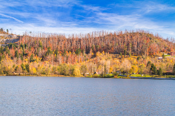 Beautiful lake Bajer, colorful autumn landscape, Fuzine, Gorski kotar, Croatia 