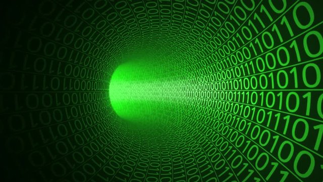 Flight through abstract green tunnel made with zeros and ones. Hi-tech motion background. IT, binary data transfer, digital technologies concepts. 4K seamless loop clip