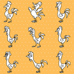 Set of funny doodle roosters