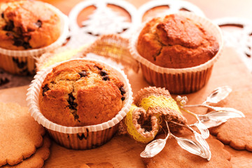 homemade muffin with fark chocolate drops