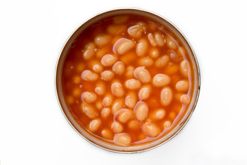 Open can of baked beans isolated on white