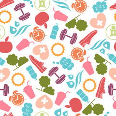 Healthy lifestyle pattern with food and sport icons
