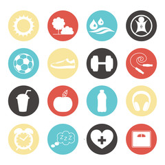 Healthy lifestyle concept with food and sport icons