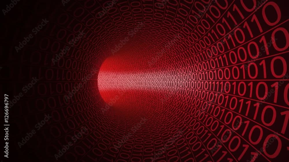 Wall mural Flight through abstract red tunnel made with zeros and ones. Modern motion background. Computers, binary data transfer, digital technologies concepts. 4K seamless loop animation - Wall murals