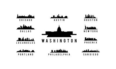 USA City skyline - vector Silhouette Washington, chicago, austion, houston, dallas, los angeles, portland, philadelphia, san diego, phoenix, newyork
