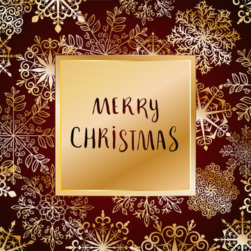 merry christmas greeting card with snowlakes and lettering