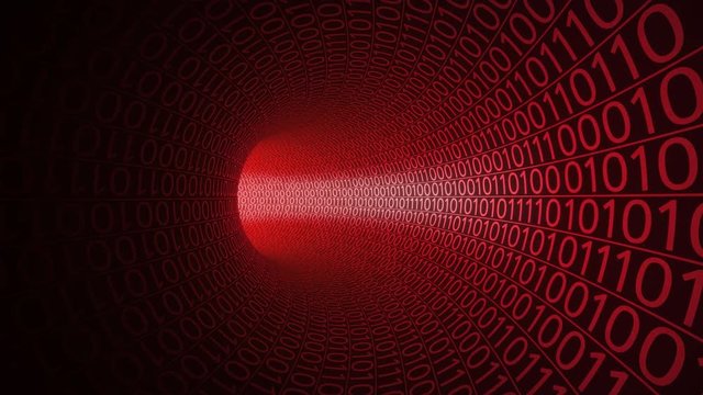 Flight through abstract red tunnel made with zeros and ones. Modern motion background. Computers, binary data transfer, digital technologies concepts. 4K seamless loop animation