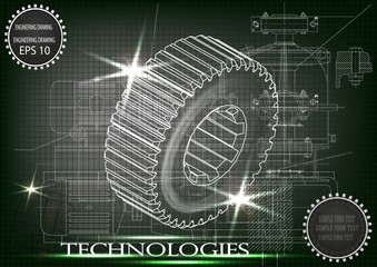 Background of mechanical engineering drawings, industry, education, gear, 3d science -vector illustration