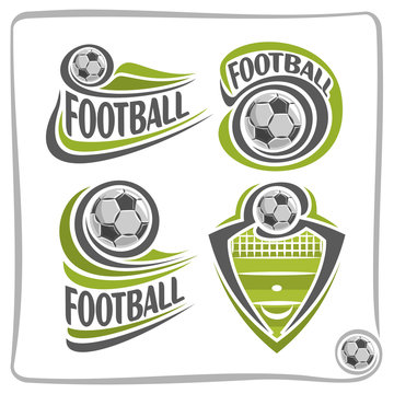 Vector abstract logo Football Ball, decoration sign sports club, simple soccer ball flying on green field with net, set isolated sporting equipment icon, flat design concept football school blazon.